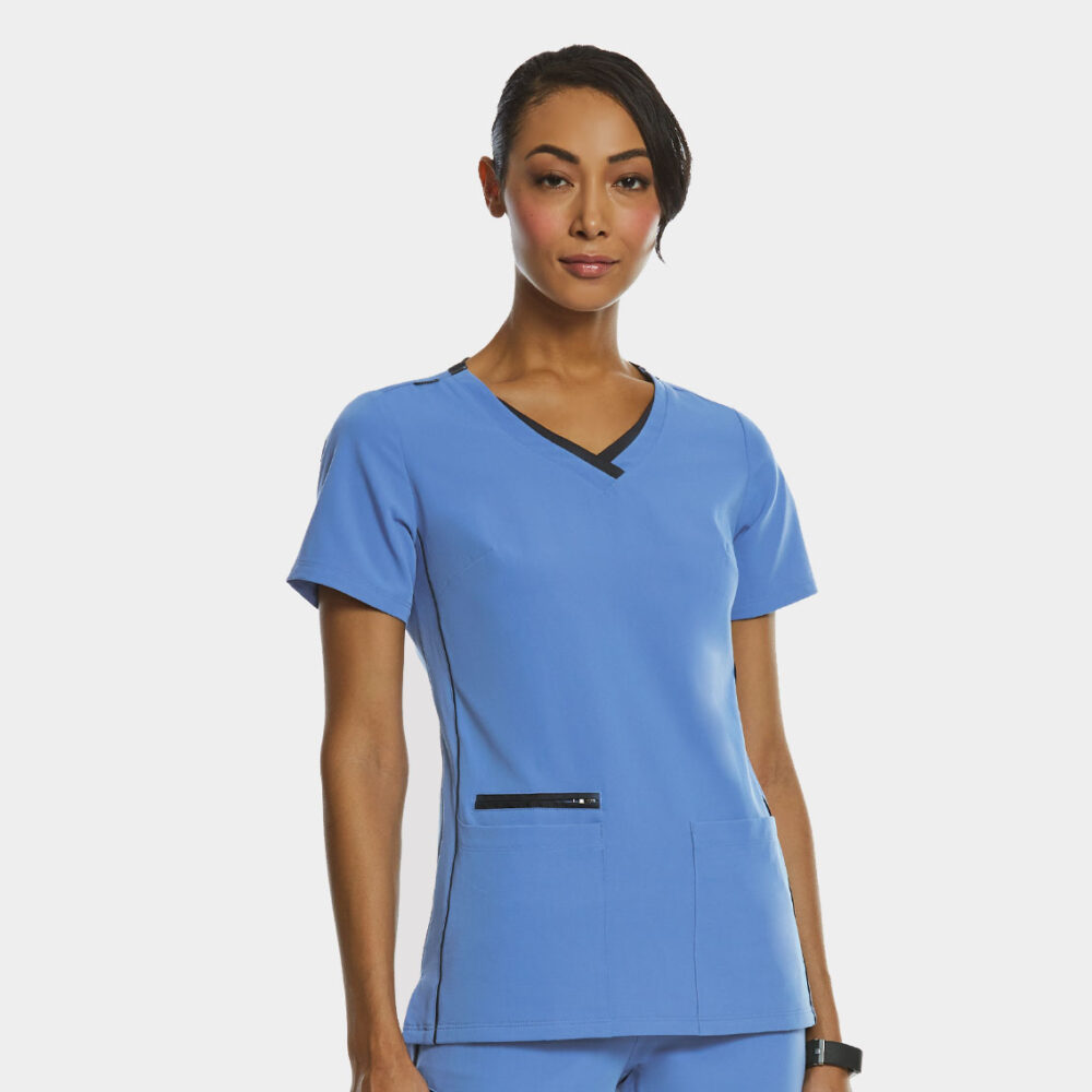 Elite-by-IRG_3802-WomensSportyContrastV-NeckTop-CeilBlue-CBL-01-IRG-Scrubs